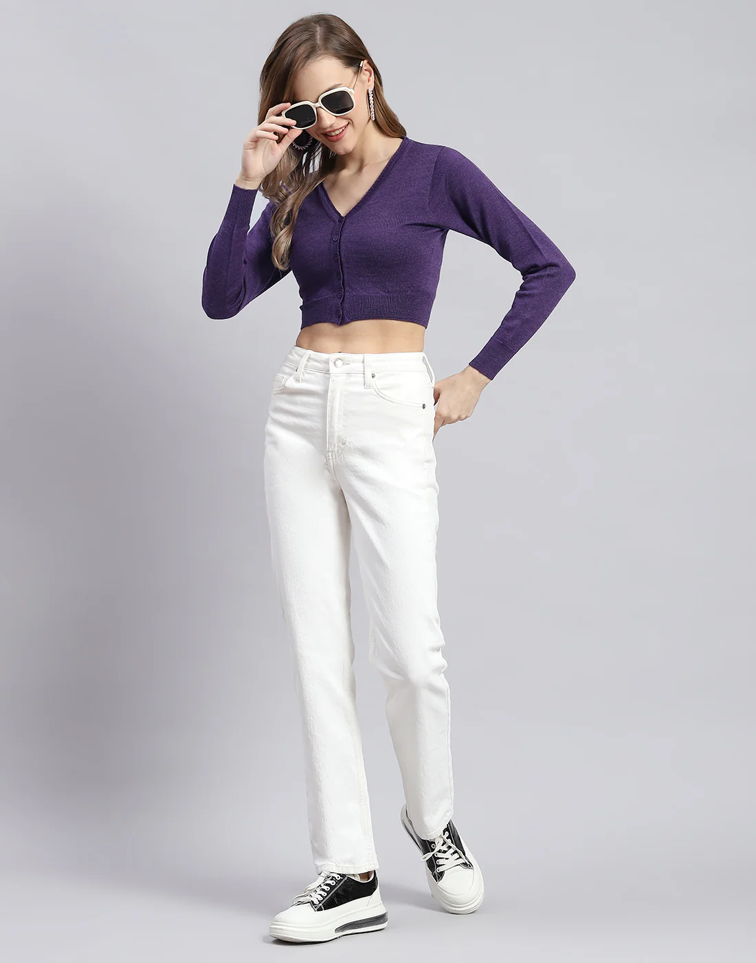 Women Purple Solid V Neck Full Sleeve Blouse - Image 2