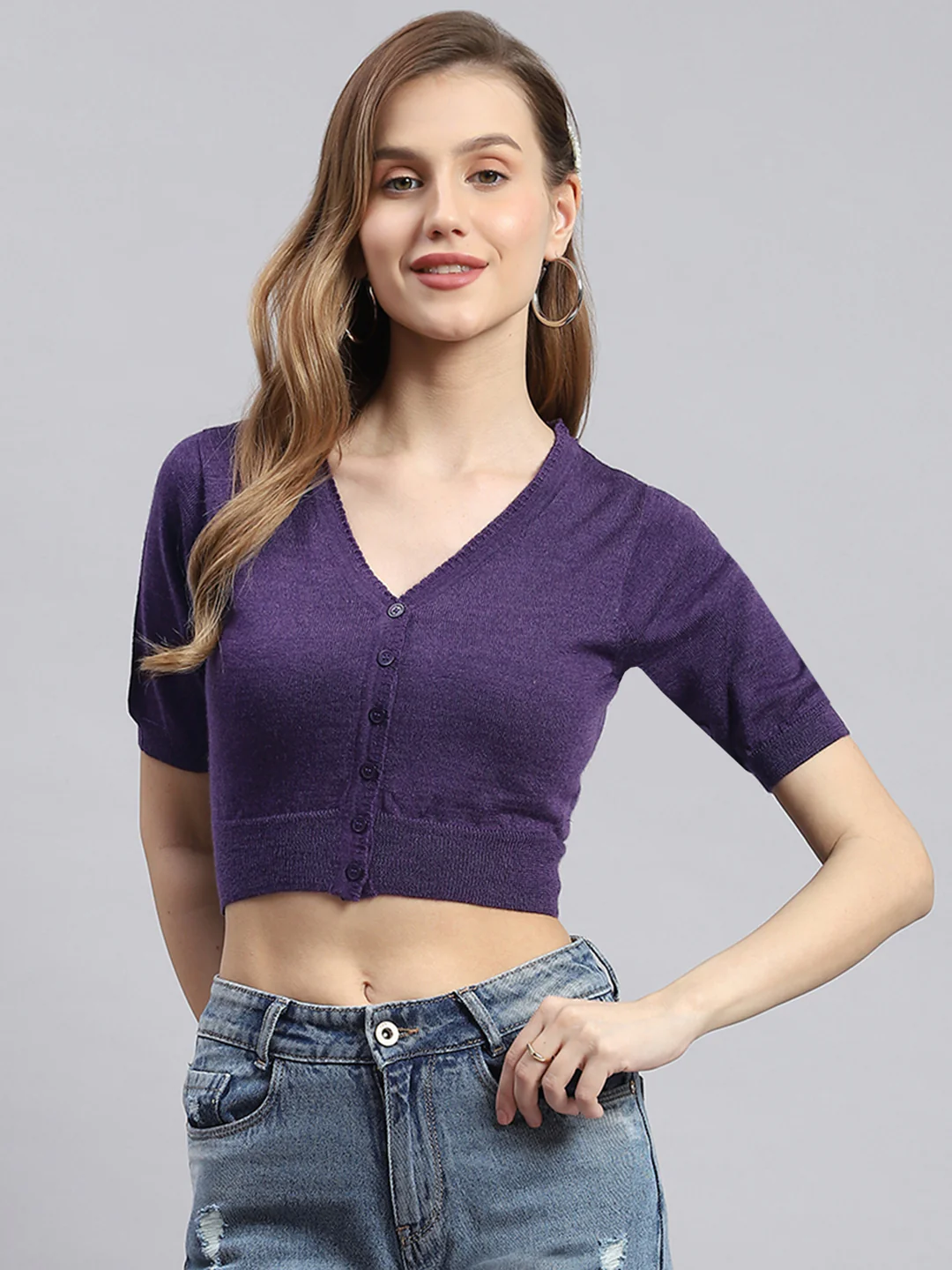 Women Purple Solid V Neck Half Sleeve Blouse