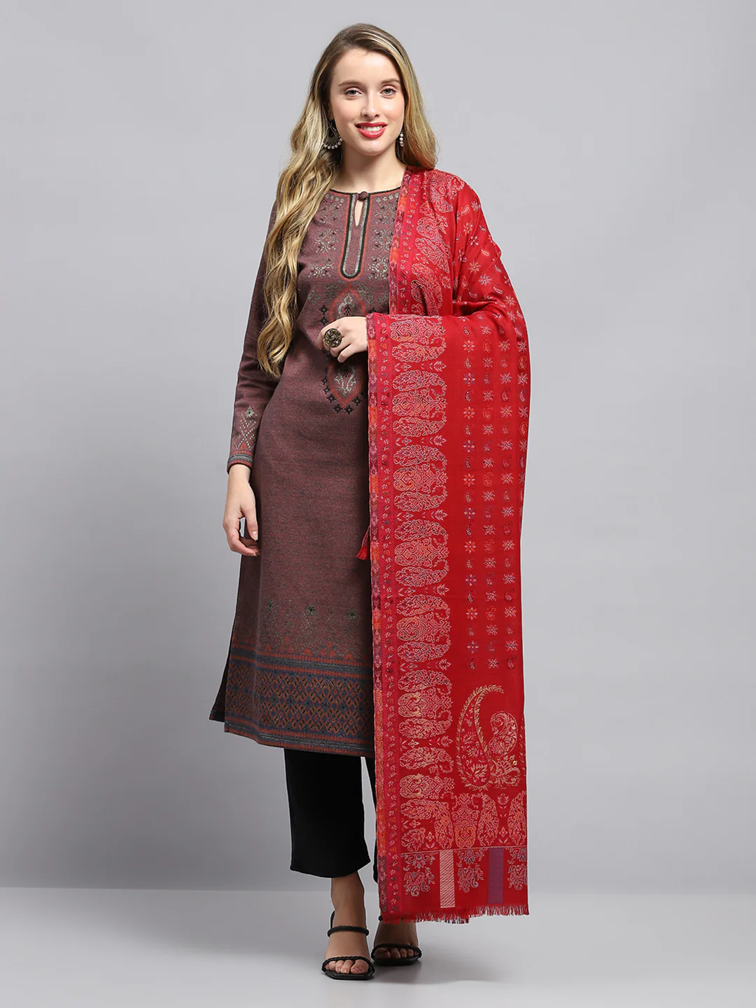 Women Red Self Design Shawl