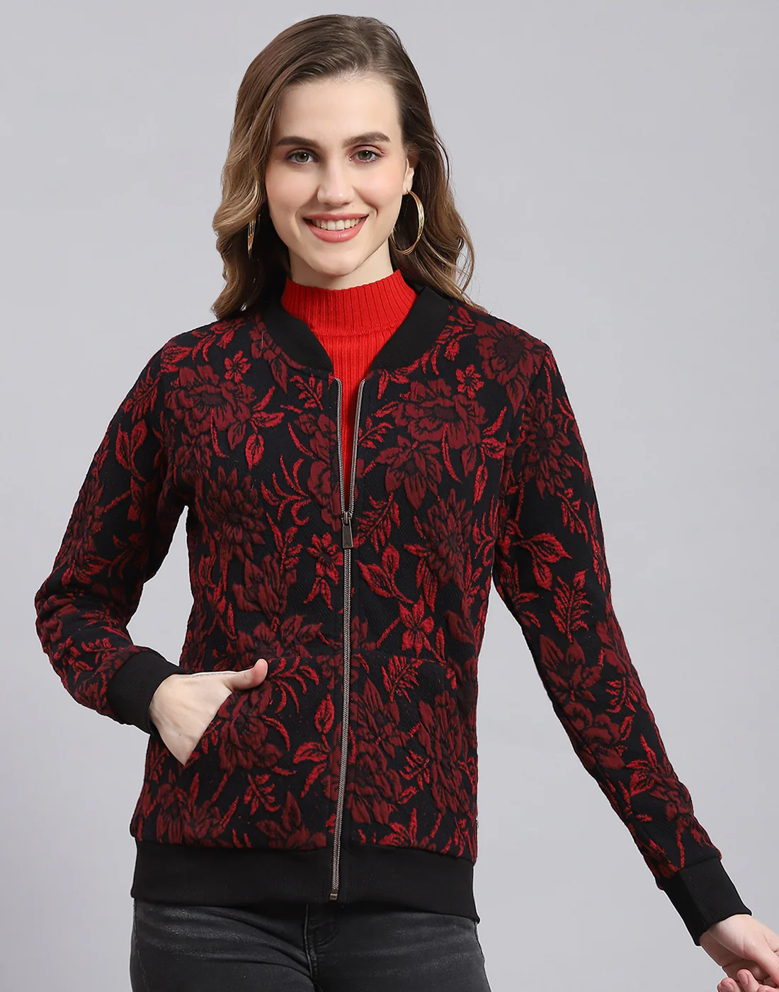 Women Red Self Design Stand Collar Full Sleeve Sweatshirt - Image 2