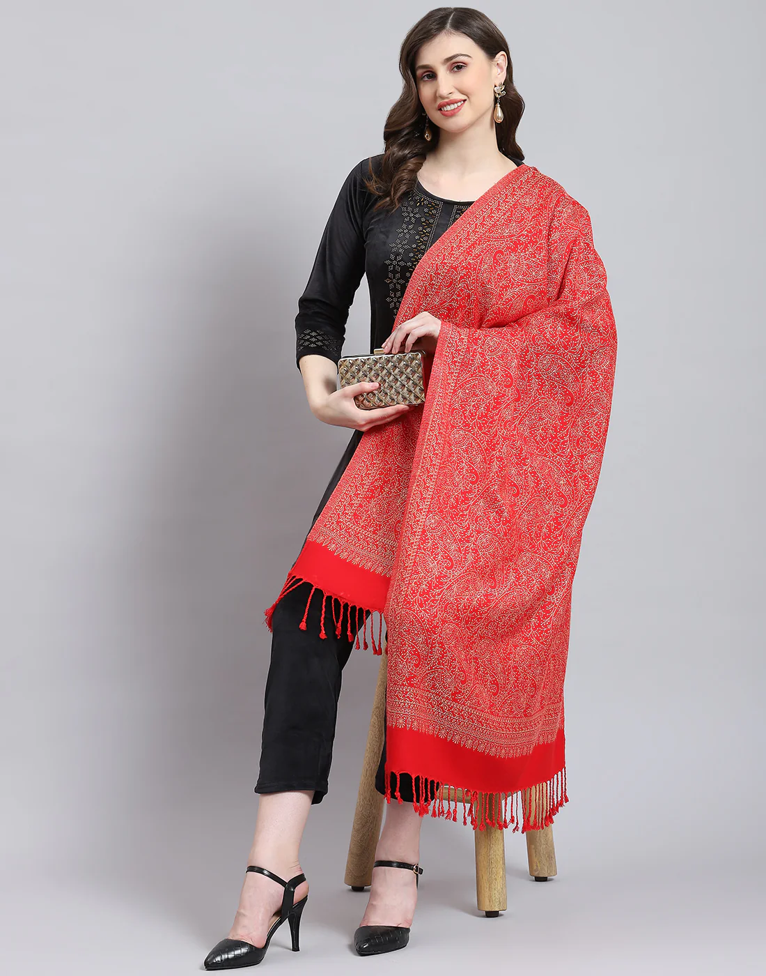 Women Red Self Design Stole