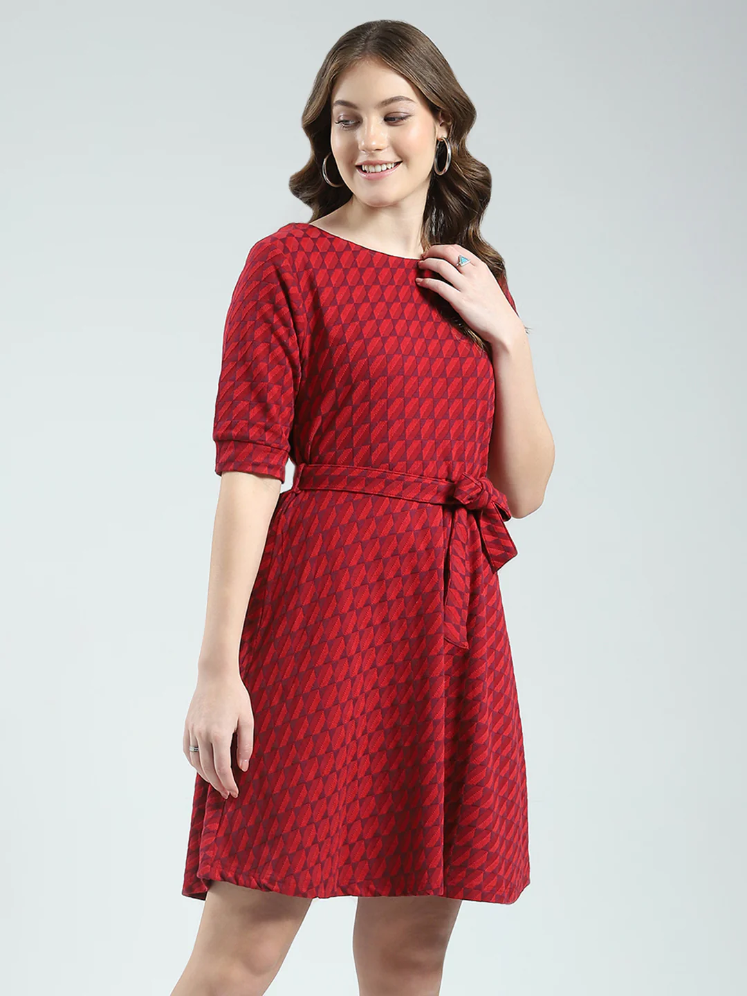 Women Red Self Design Round Neck Half Sleeve Dress - Image 4