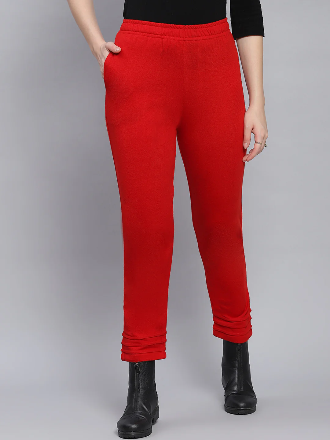 Women Red Solid Regular Fit Winter Lowers