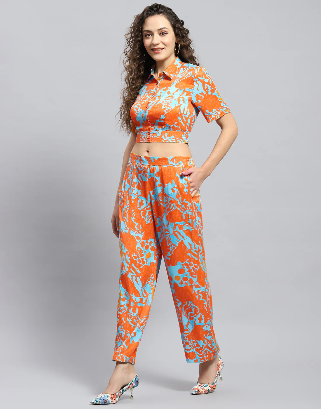 Women Rust Printed Collar Half Sleeve Cords Set - Image 3