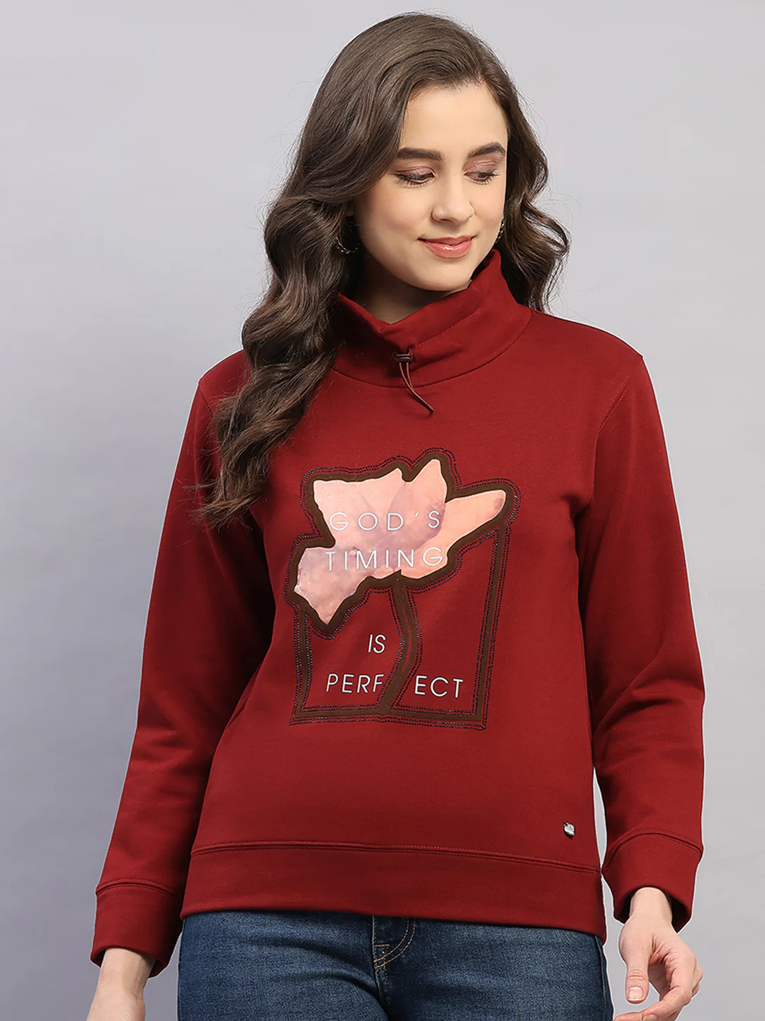 Women Rust Printed High Neck Full Sleeve Sweatshirt