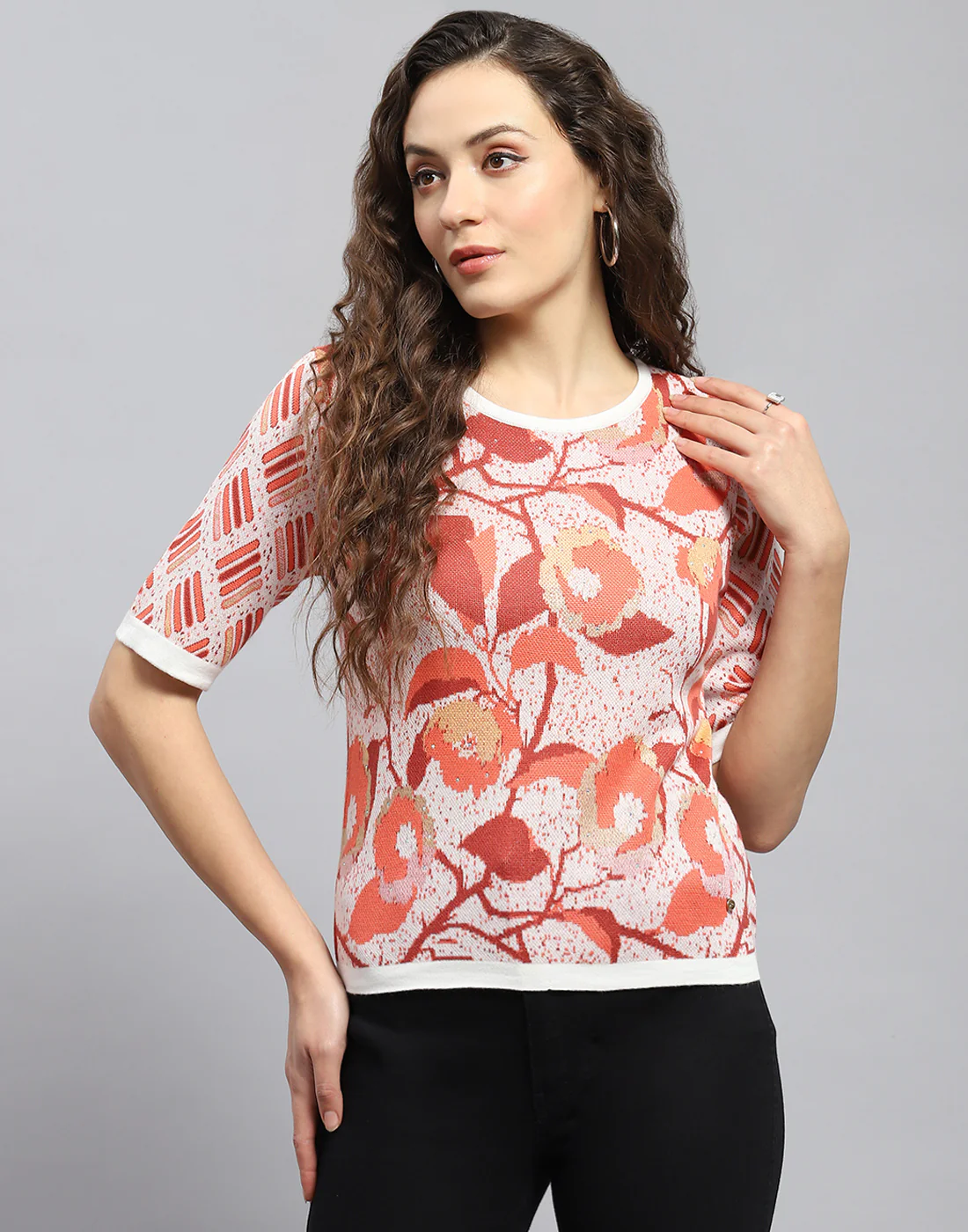 Women Rust Printed Round Neck Half Sleeve Top