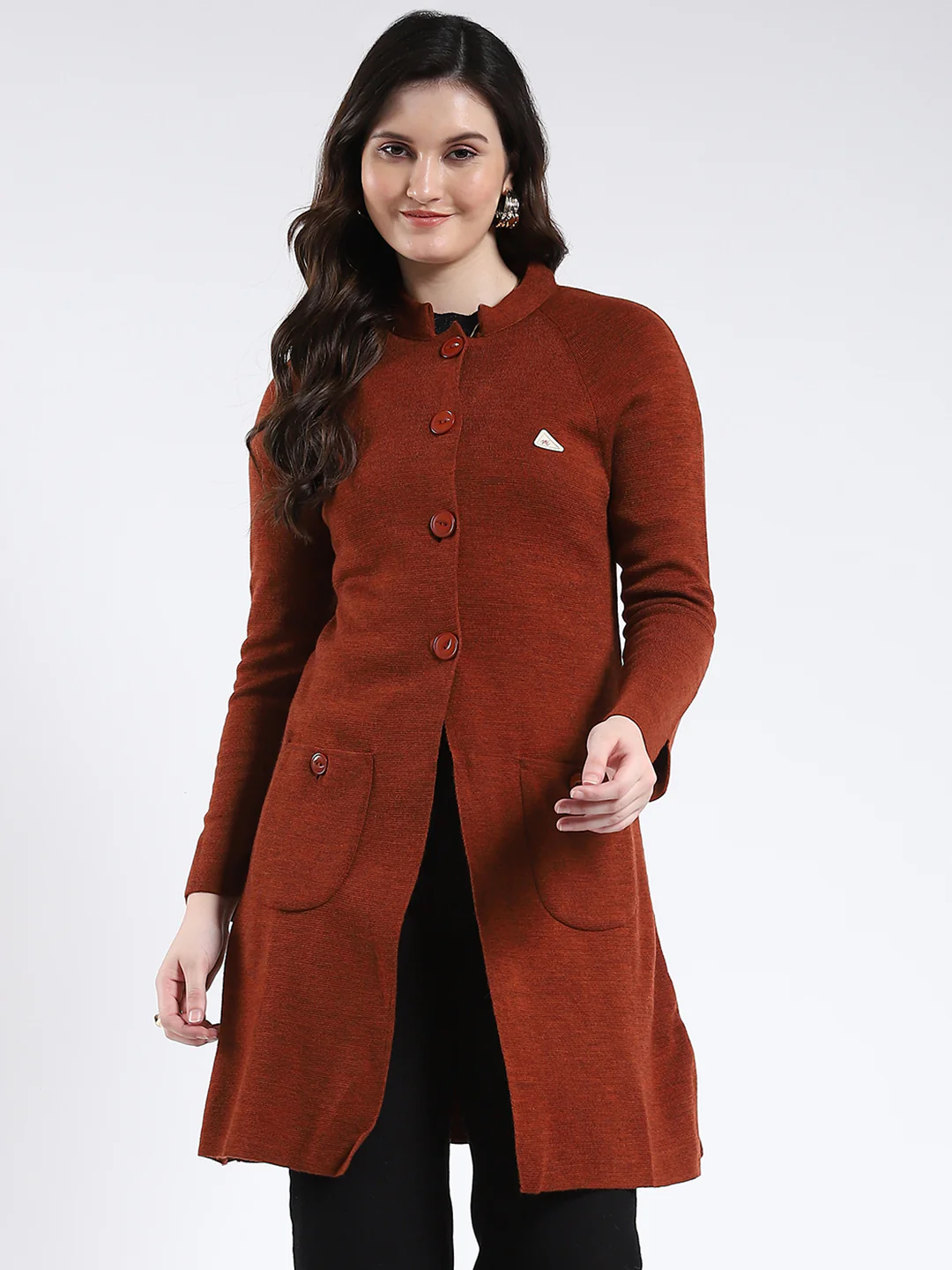 Women Rust Solid Band Neck Full Sleeve Cardigan