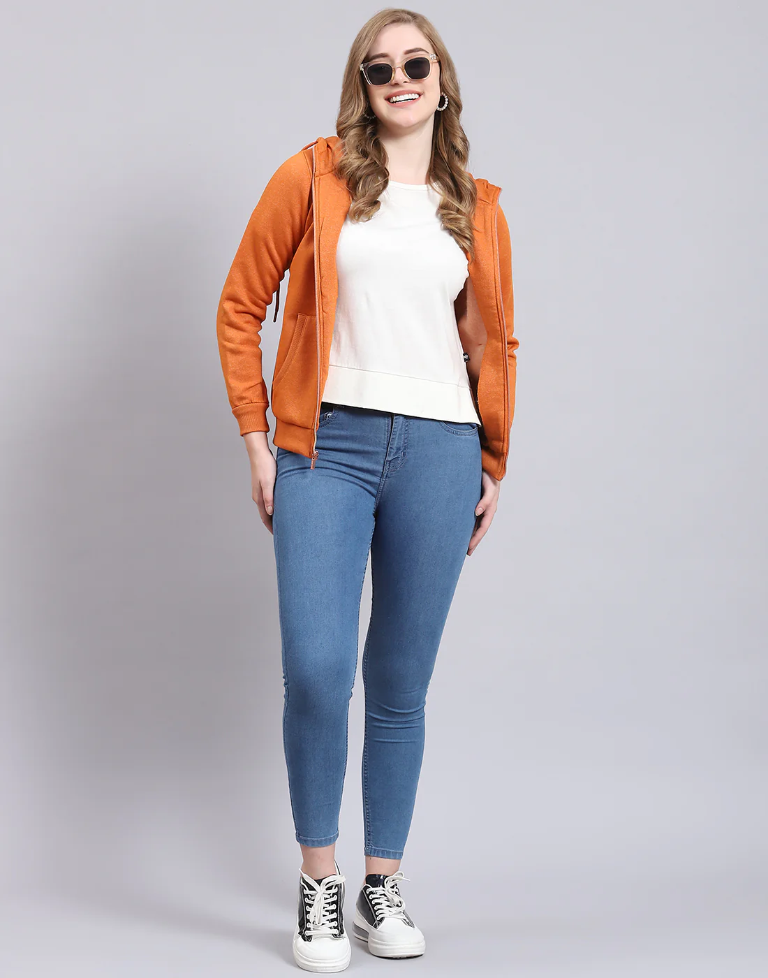 Women Rust Solid Hooded Full Sleeve Sweatshirt - Image 2