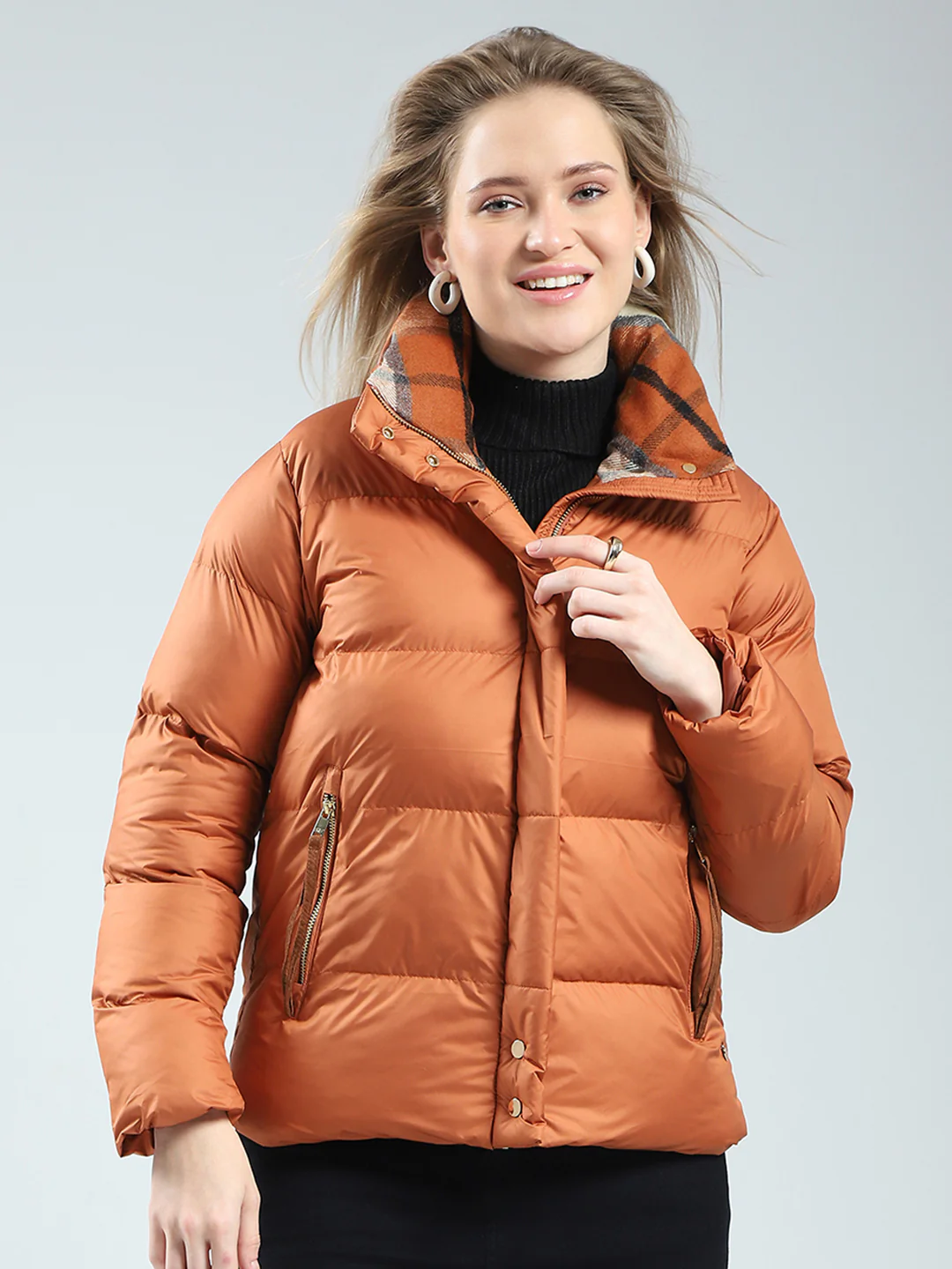 Women Rust Solid Mock Neck Full Sleeve Jacket