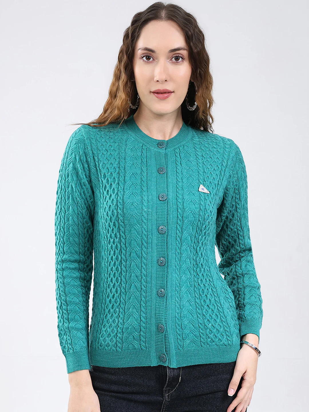 Women Sea Green Self Design Round Neck Full Sleeve Cardigan