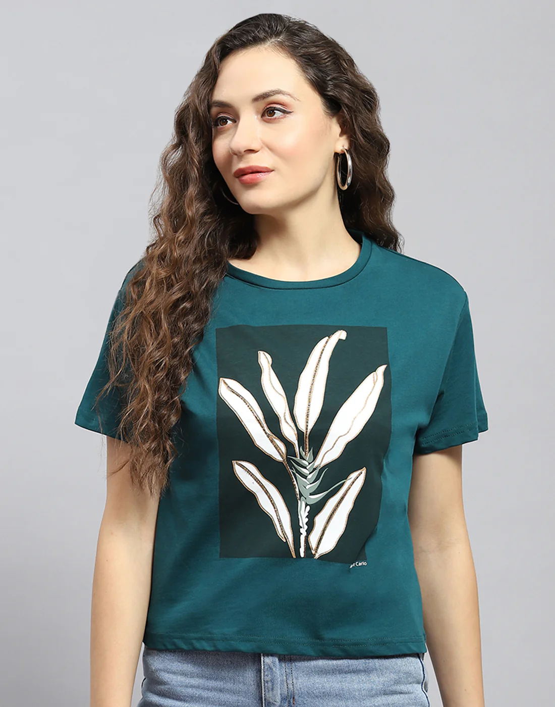 Women Teal Blue Printed Round Neck Half Sleeve Top