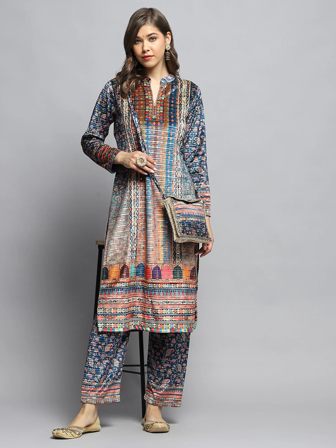 Women Teal Blue Self Design Round Neck Full Sleeve Kurti Set with Bag - Image 2