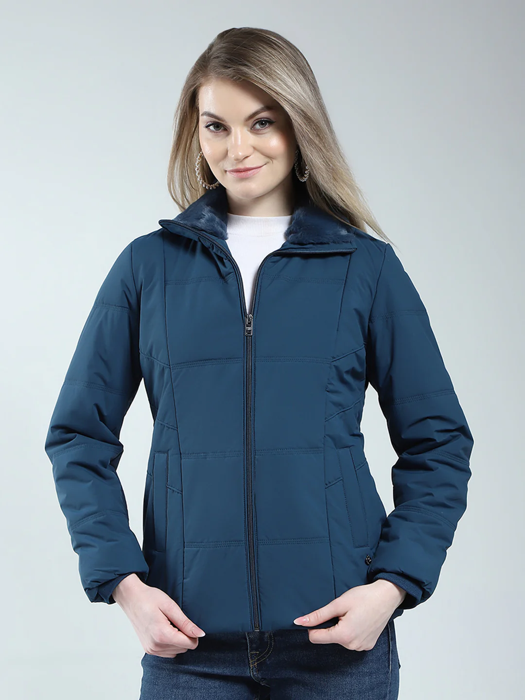 Women Teal Blue Solid Collar Full Sleeve Jacket