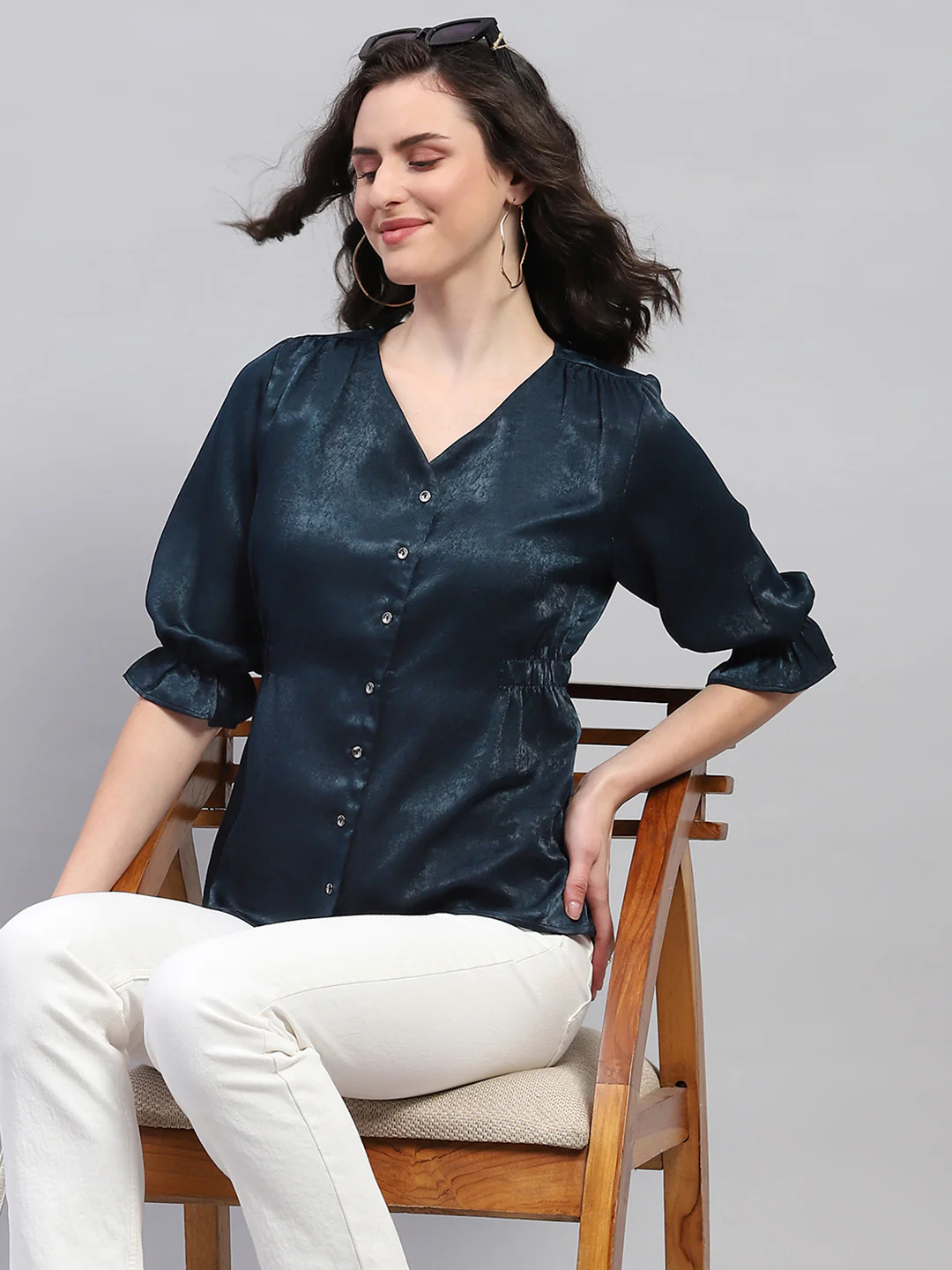 Women Teal Blue Solid V Neck 3/4 Sleeve Top