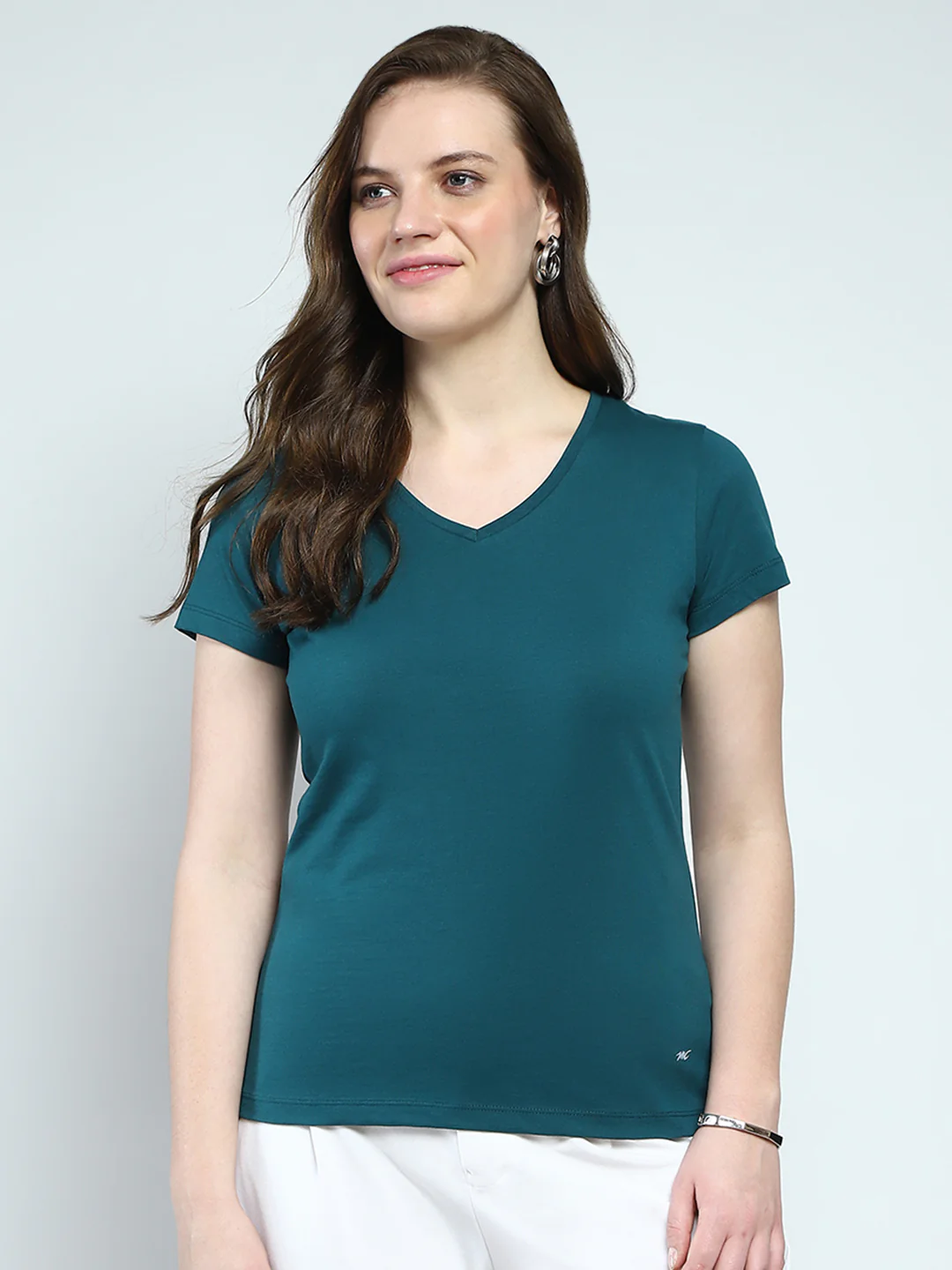 Women Teal Blue Solid V Neck Half Sleeve Top