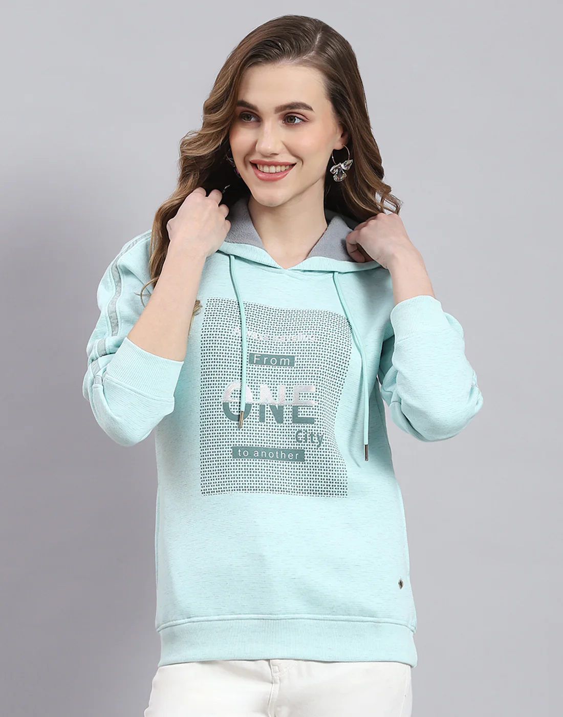 Women Turquoise Blue Printed Hooded Full Sleeve Sweatshirt