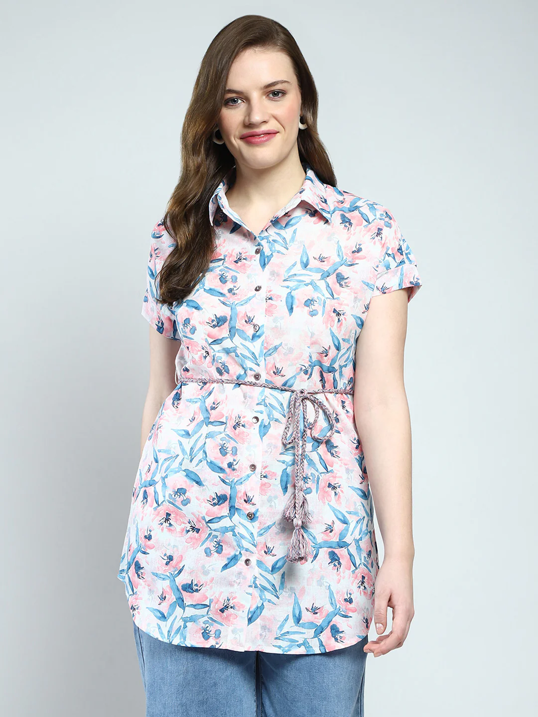 Women White Printed Collar Half Sleeve Tunic