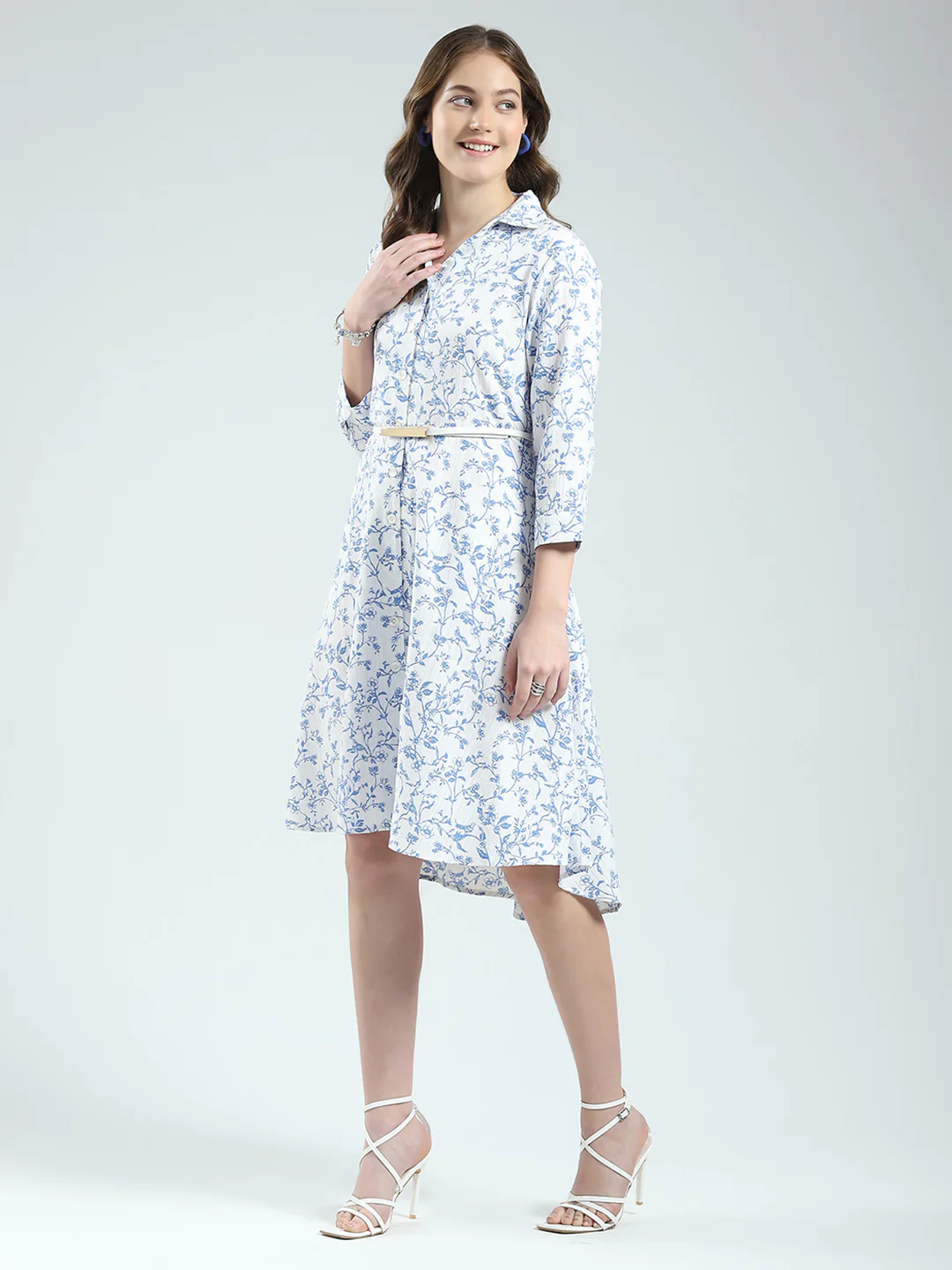 Women White Printed Round Neck 3/4th Sleeve Dress - Image 3
