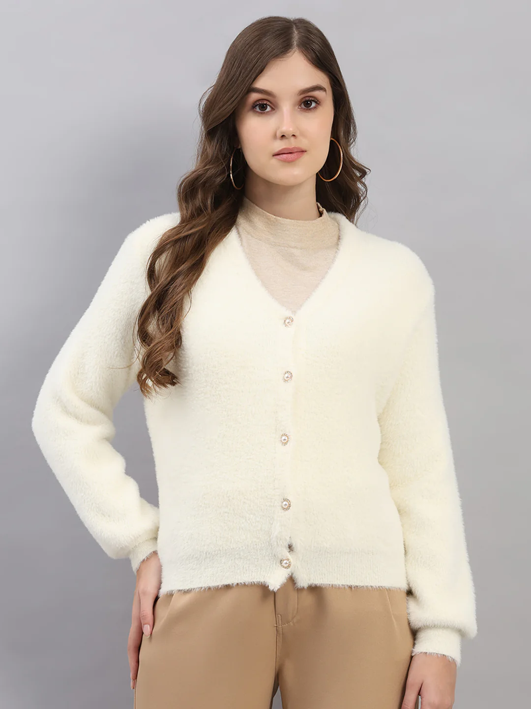 Women White Self Design V Neck Full Sleeve Cardigan