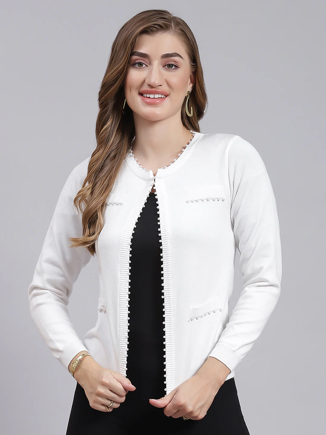 Women White Solid Wool blend Cardigan