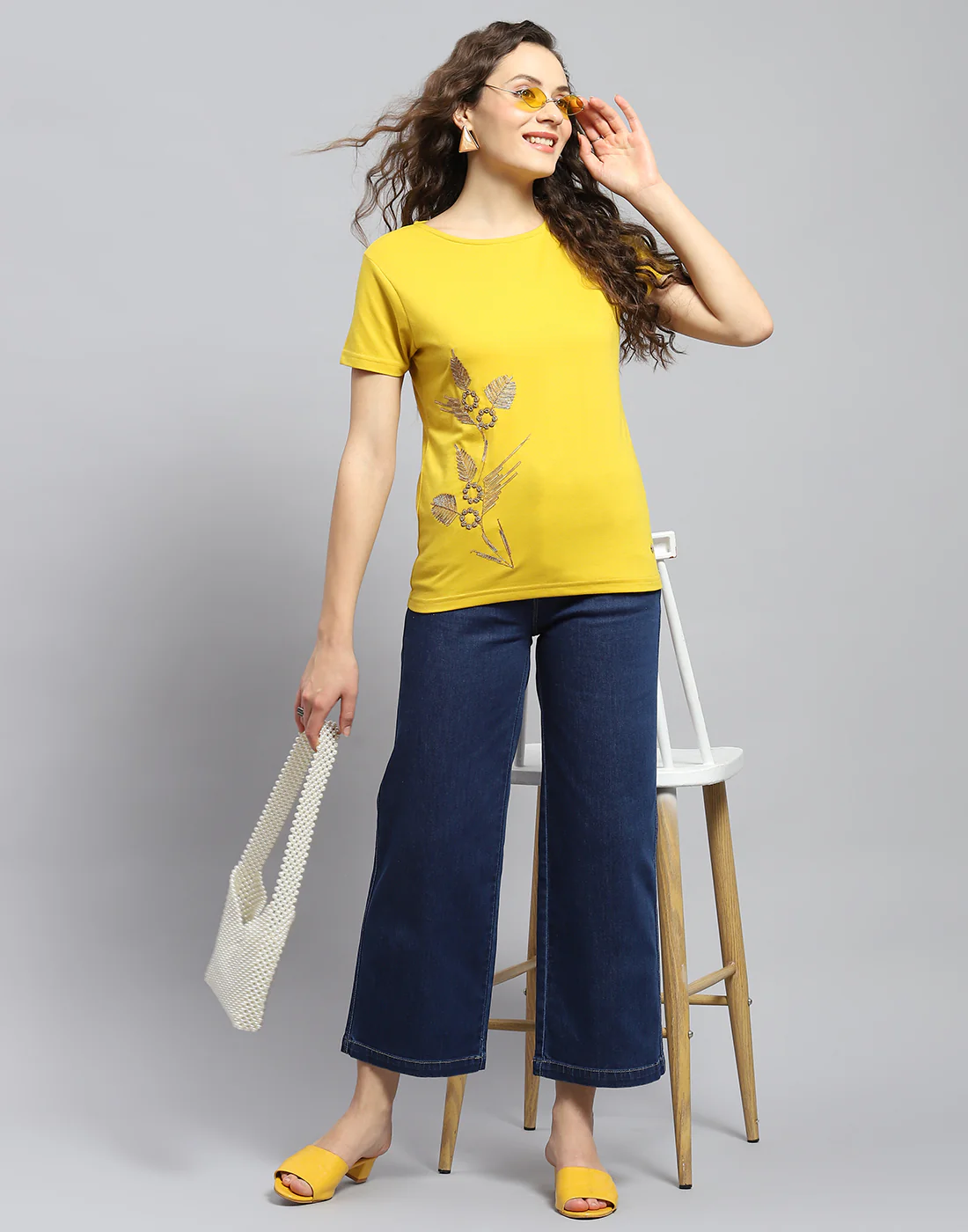 Women Yellow Embellished Round Neck Half Sleeve Top