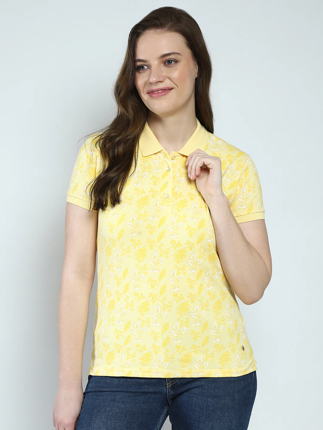 Women Yellow Printed Collar Half Sleeve T-Shirt