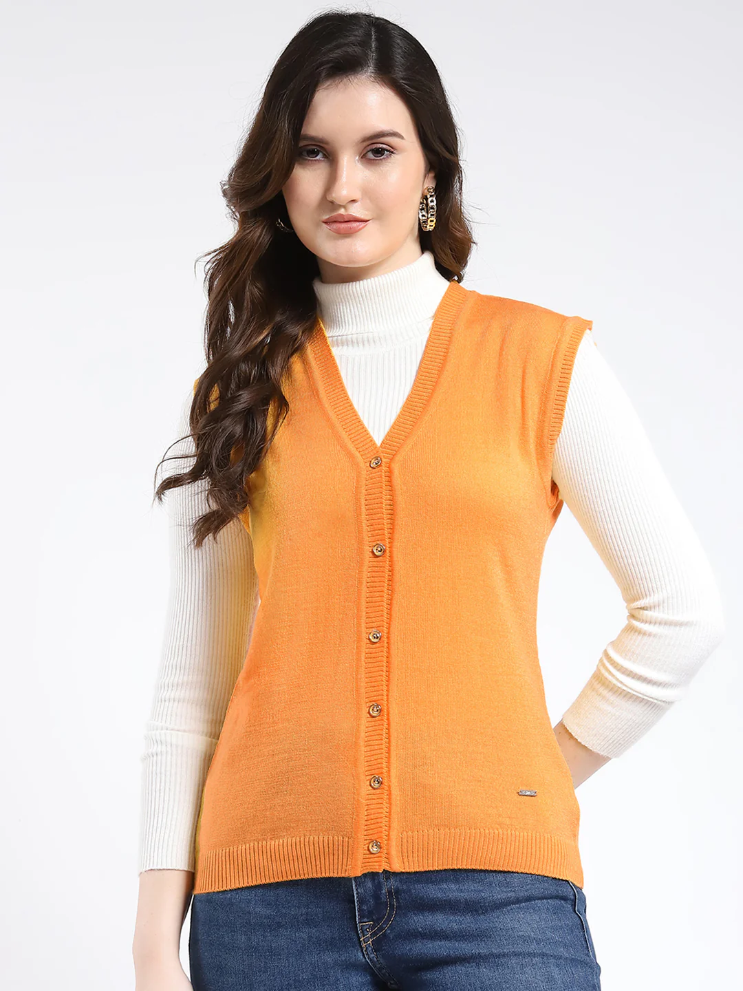 Women Yellow Solid V Neck Sleeveless Cardigan